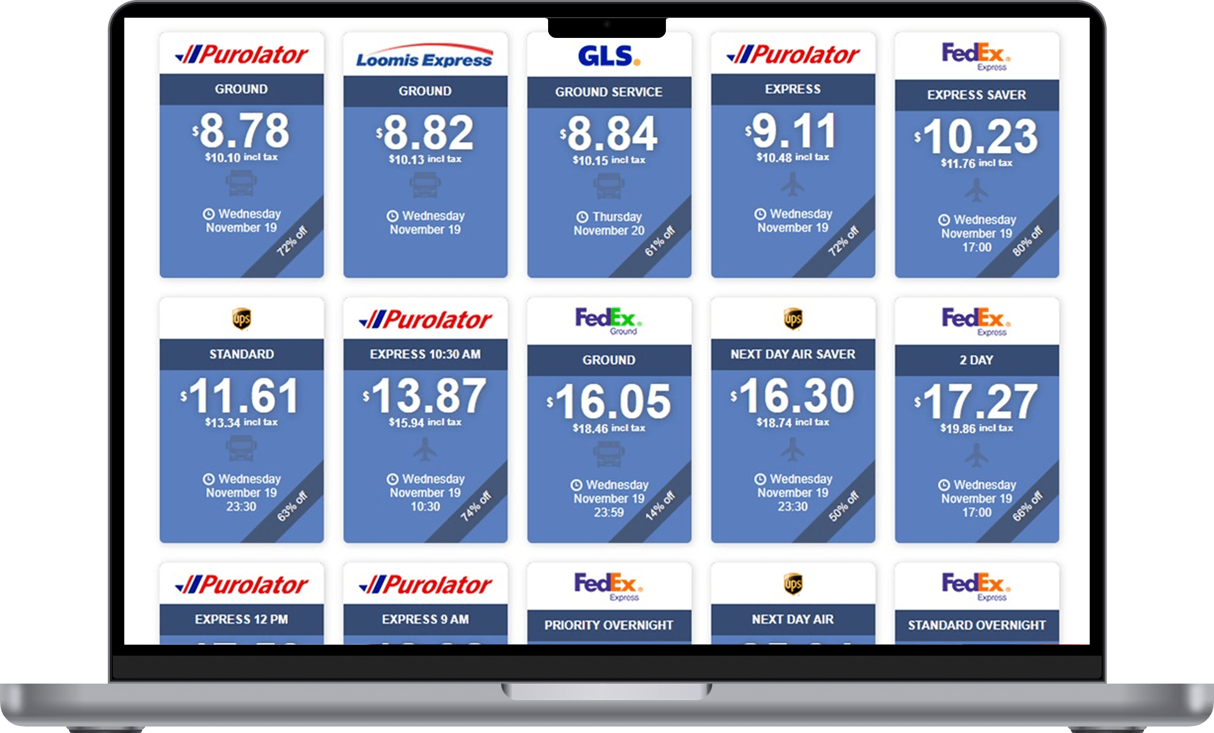 Shipvia rate comparison dashboard showing discounted carrier rates from Purolator, FedEx, UPS, GLS, and more